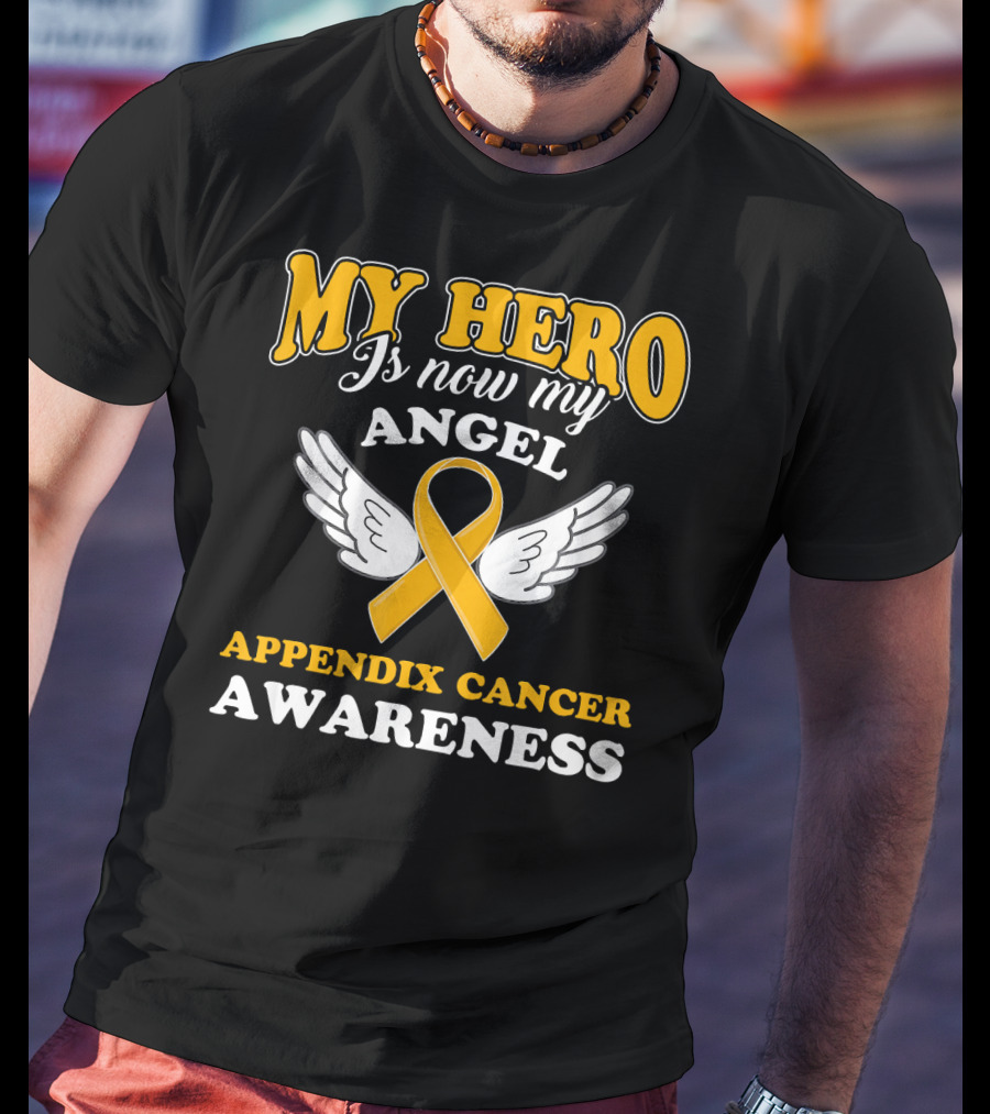 My Hero Is Now My Angel Appendix Cancer Awareness Yellow Ribbon Wings T-Shirt