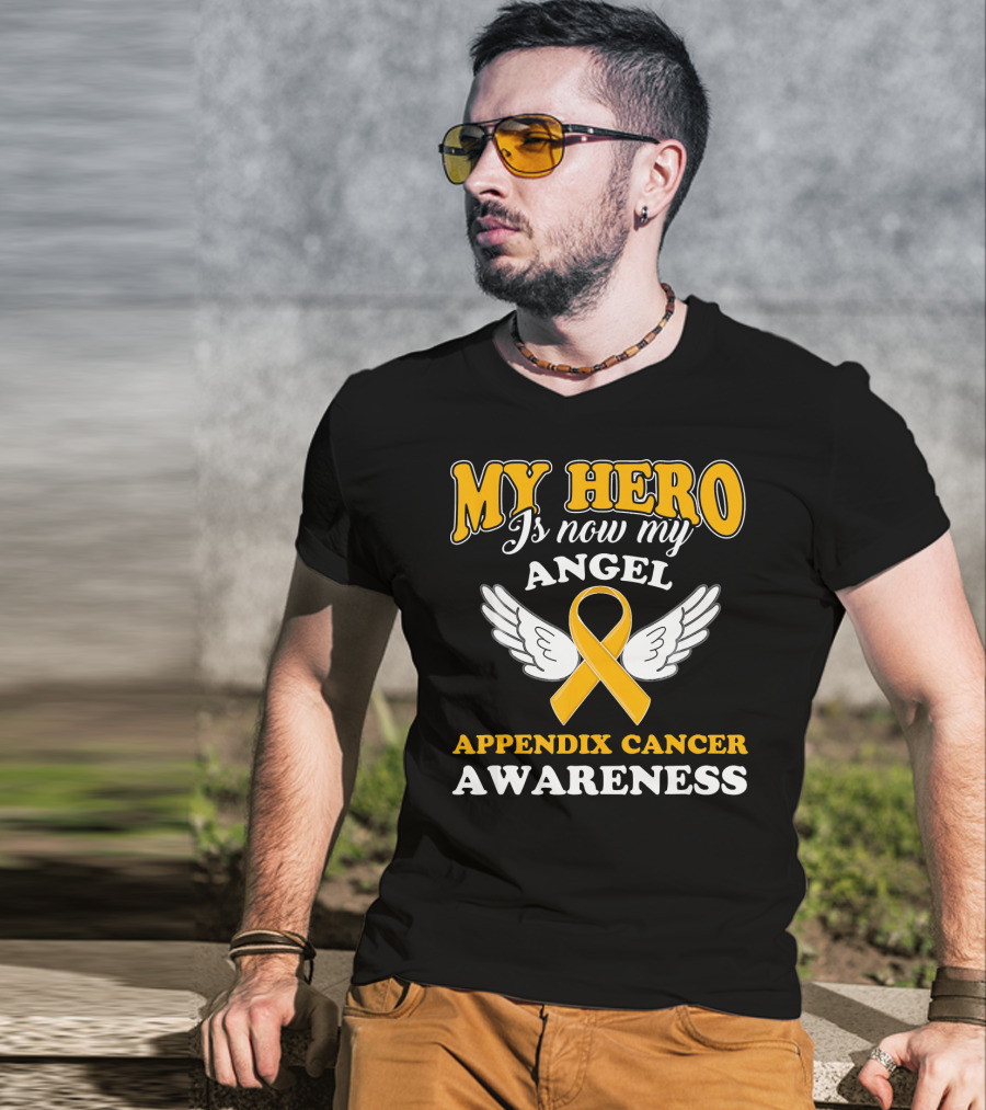 My Hero Is Now My Angel Appendix Cancer Awareness Yellow Ribbon Wings T-Shirt