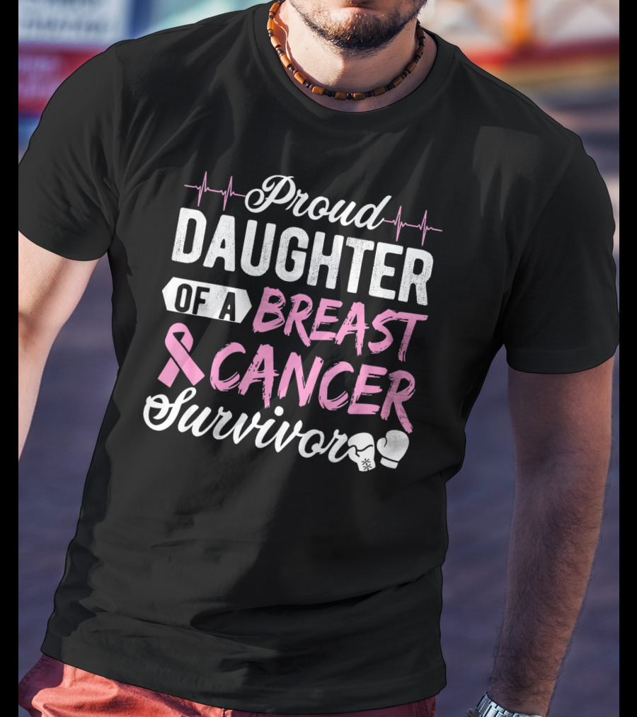 Proud Daughter Of A Breast Cancer Survivor Pink Ribbon Boxing Gloves T-Shirt
