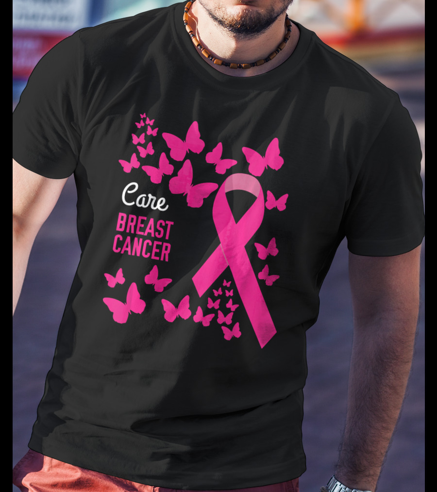 Care Breast Cancer Pink Ribbon Awareness With Butterfly Support T-Shirt