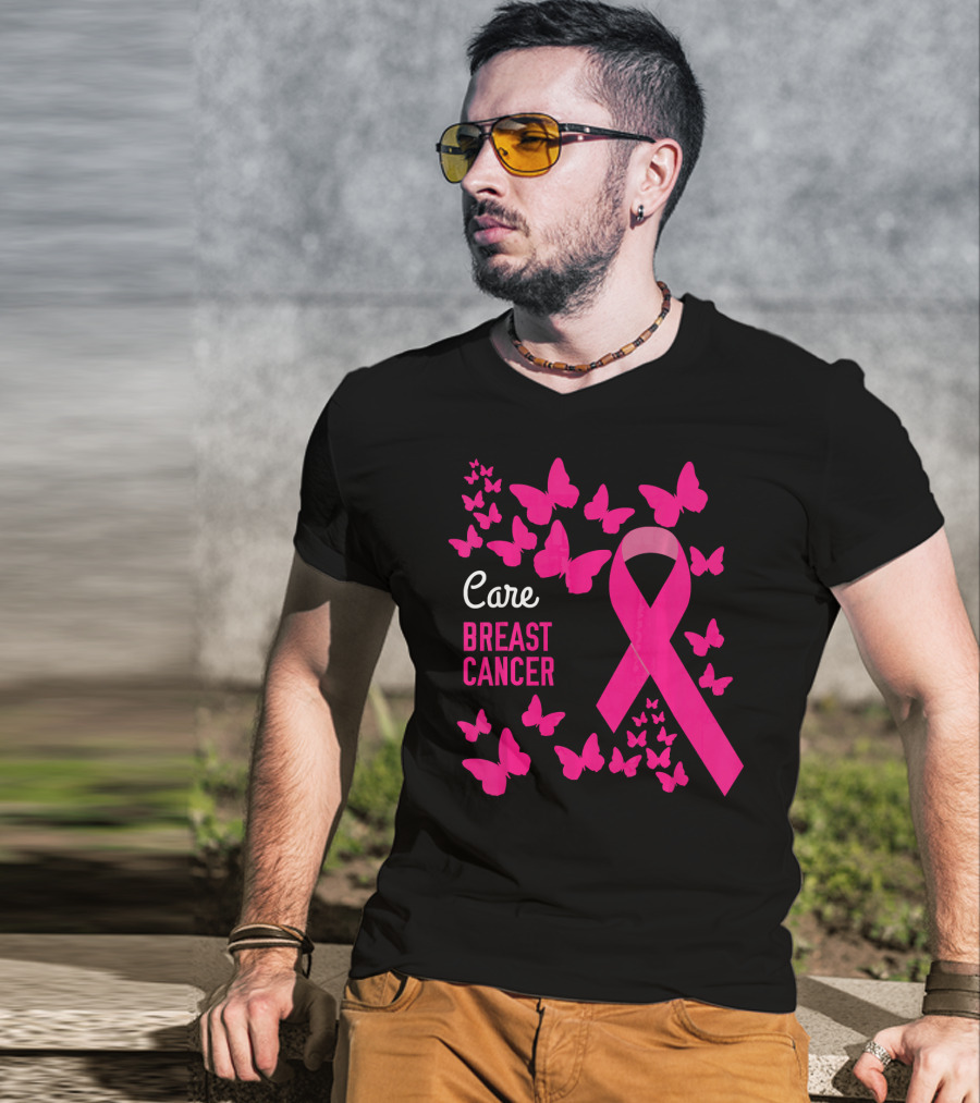 Care Breast Cancer Pink Ribbon Awareness With Butterfly Support T-Shirt