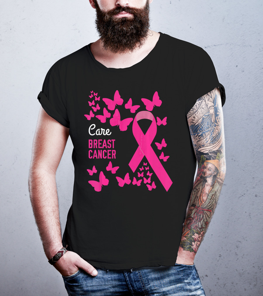 Care Breast Cancer Pink Ribbon Awareness With Butterfly Support T-Shirt