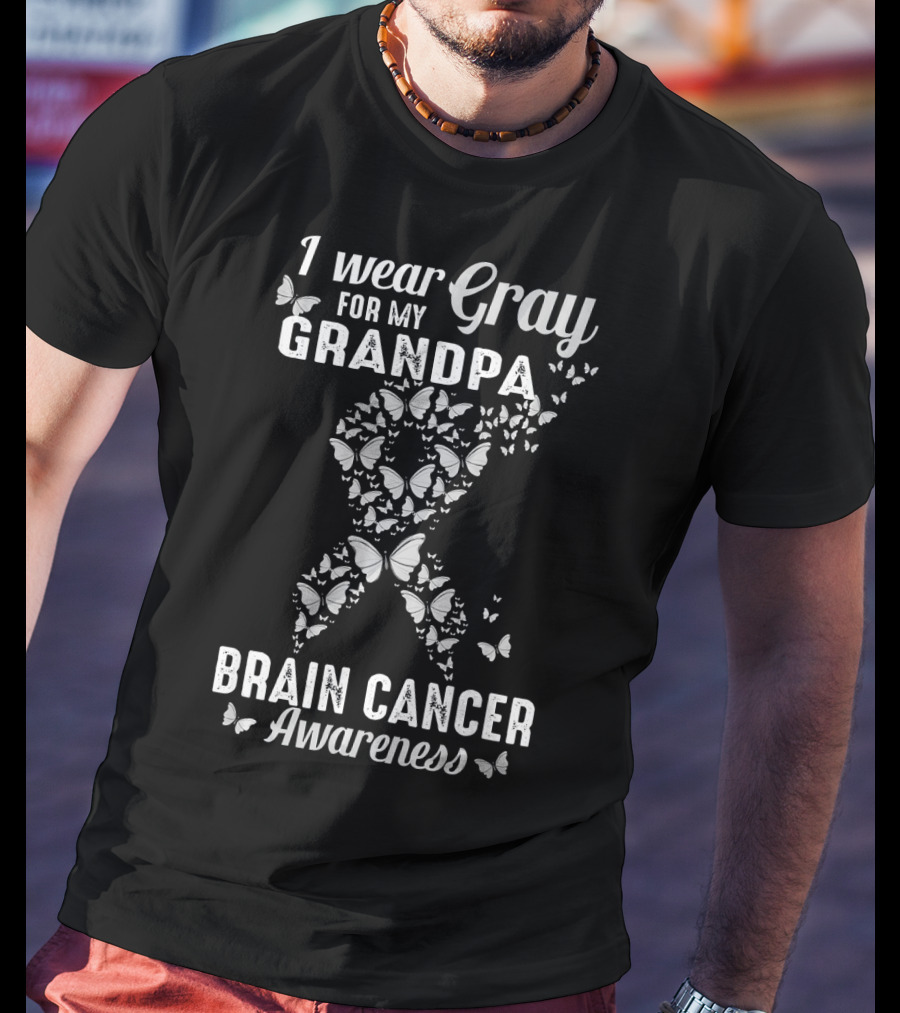 I Wear Gray For My Grandpa Brain Cancer Awareness Butterflies T-Shirt