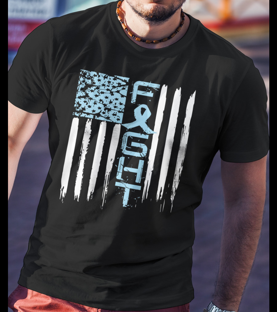 Prostate Cancer Awareness Fight Blue Ribbon American Flag T-Shirt