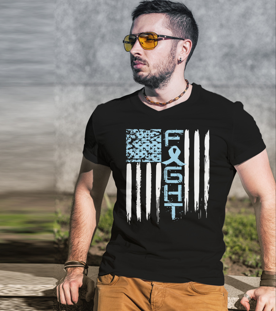 Prostate Cancer Awareness Fight Blue Ribbon American Flag T-Shirt
