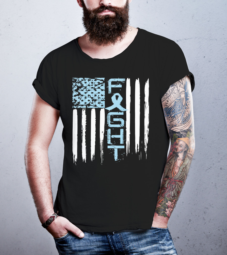 Prostate Cancer Awareness Fight Blue Ribbon American Flag T-Shirt