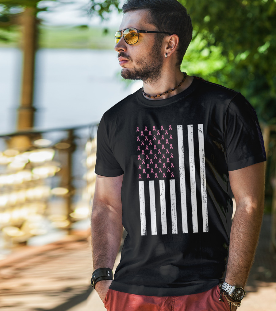 American Flag Pink Ribbons Breast Cancer Awareness T-Shirt