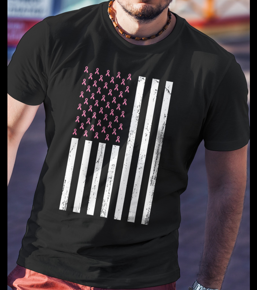 American Flag Pink Ribbons Breast Cancer Awareness T-Shirt