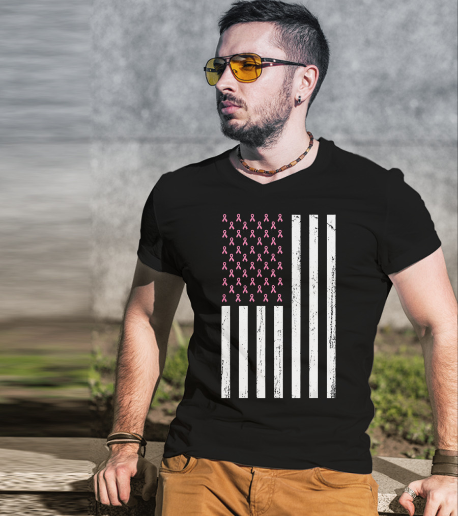 American Flag Pink Ribbons Breast Cancer Awareness T-Shirt