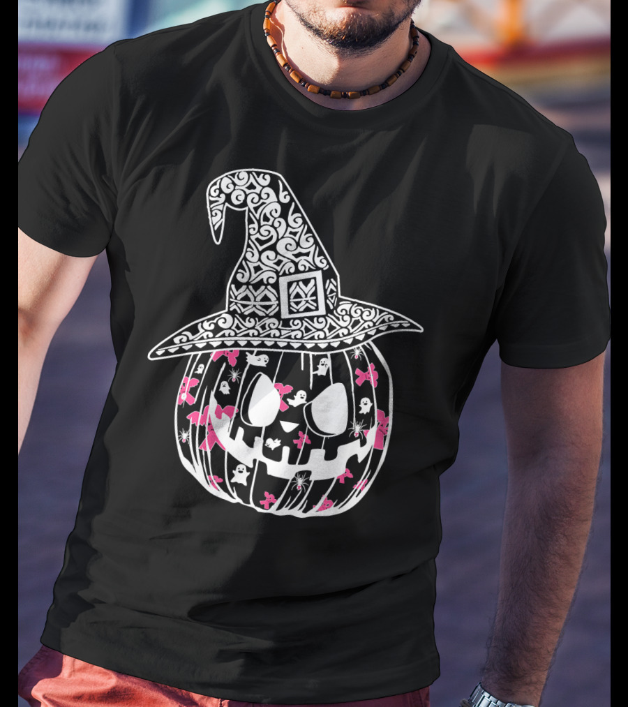 Halloween Carved Pumpkin With Pink Ribbon And Witch Hat For Breast Cancer Awareness T-Shirt