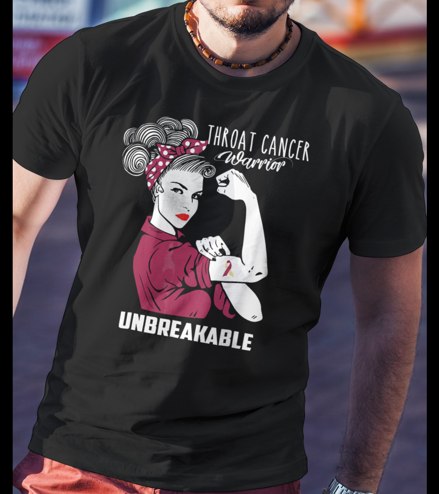 Throat Cancer Warrior Unbreakable Rosie The Riveter Ribbon Empowerment T-Shirt
