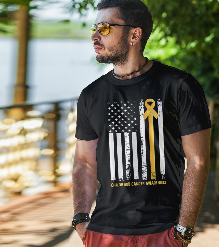 Childhood Cancer Awareness Gold Ribbon American Flag T-Shirt
