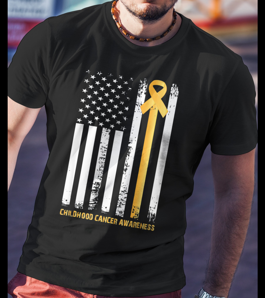 Childhood Cancer Awareness Gold Ribbon American Flag T-Shirt