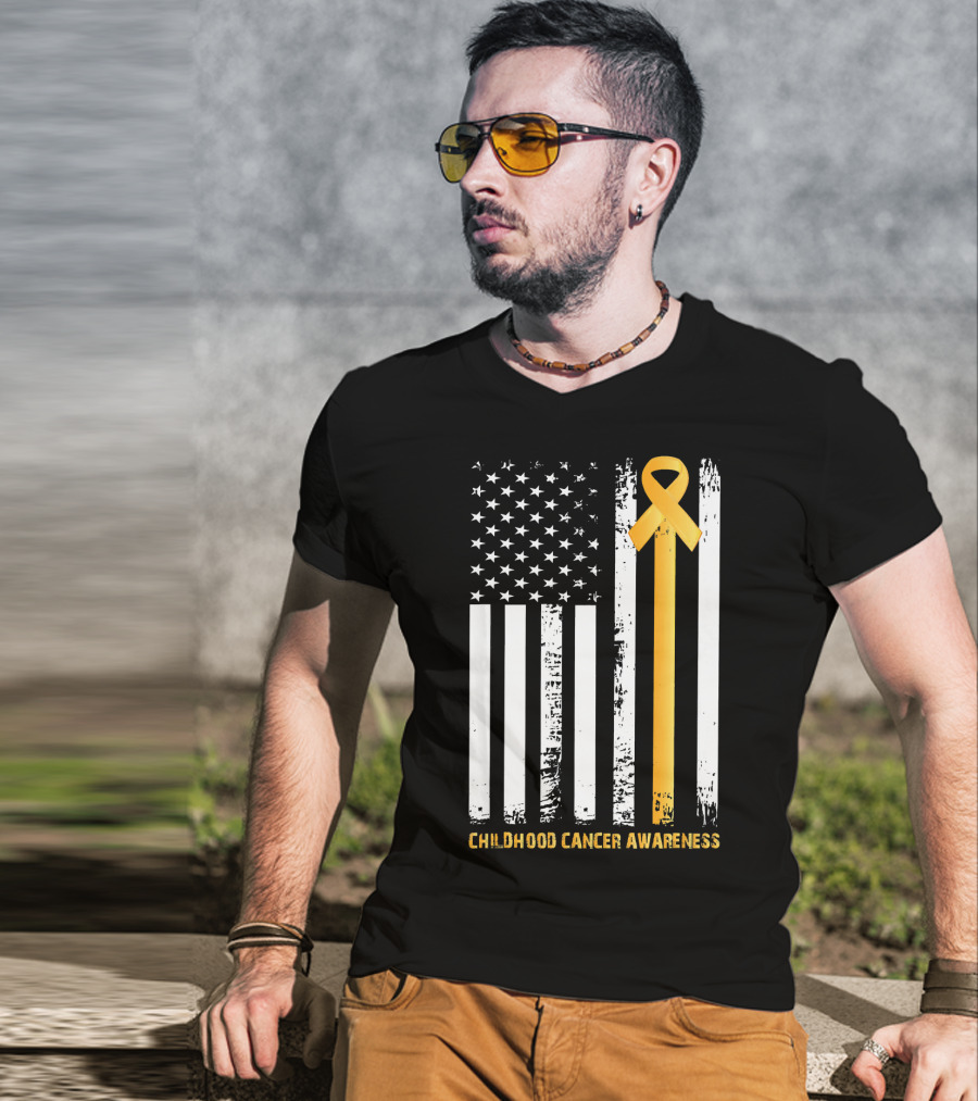 Childhood Cancer Awareness Gold Ribbon American Flag T-Shirt