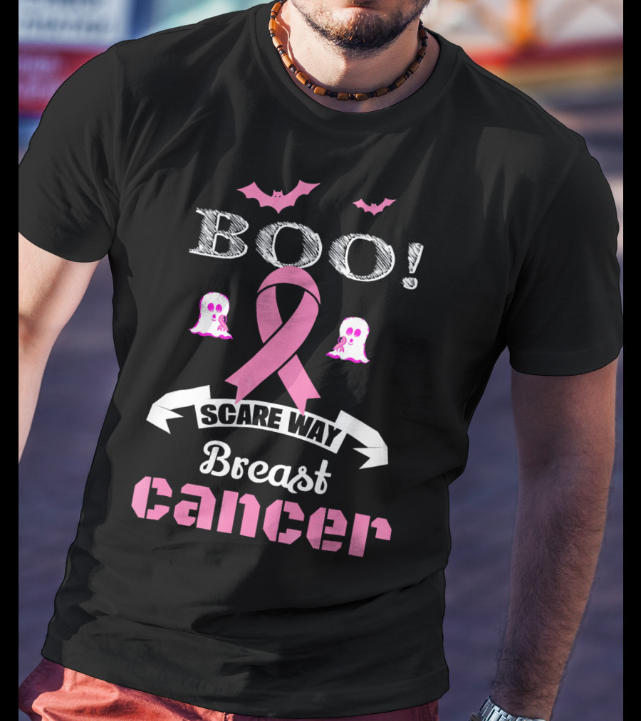 BOO Scare Away Breast Cancer Pink Ribbon Bats Ghosts T-Shirt