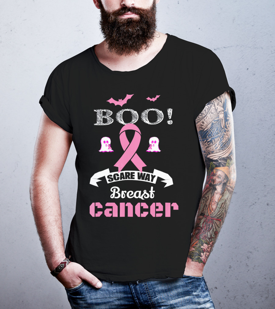 BOO Scare Away Breast Cancer Pink Ribbon Bats Ghosts T-Shirt