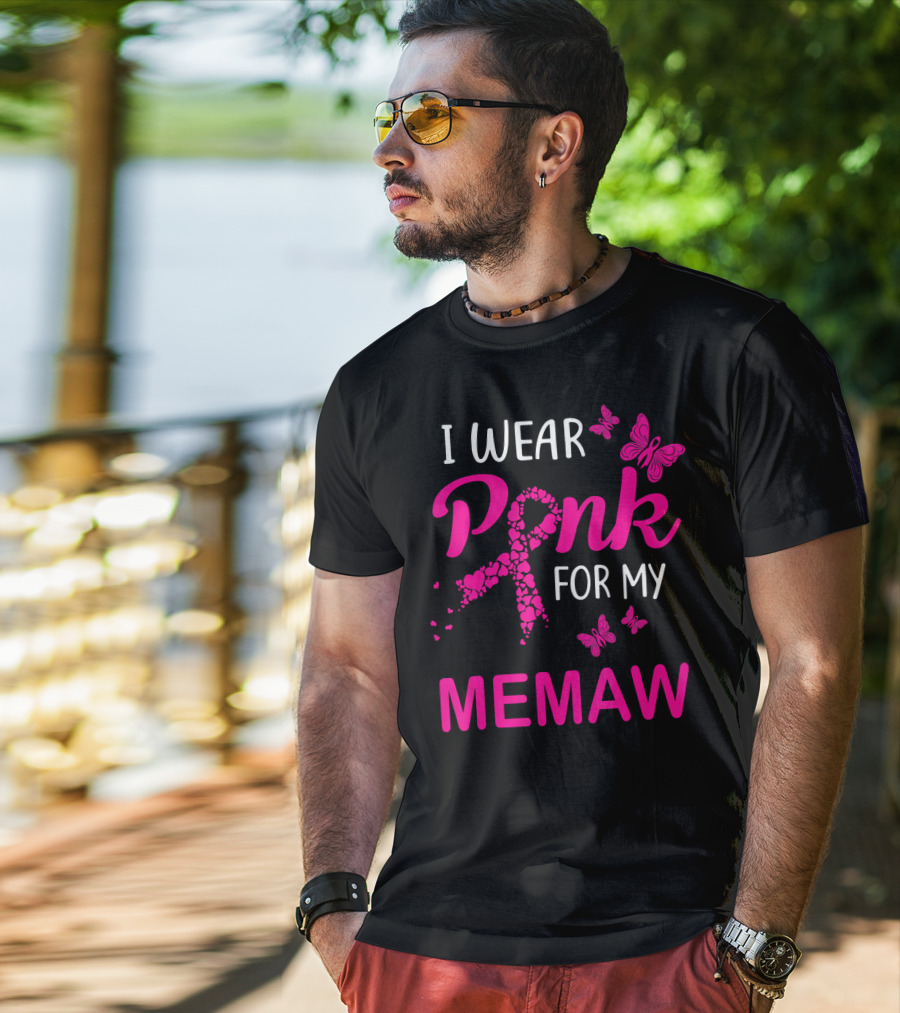 I Wear Pink For My Memaw Butterfly Heart Ribbon Breast Cancer T-Shirt