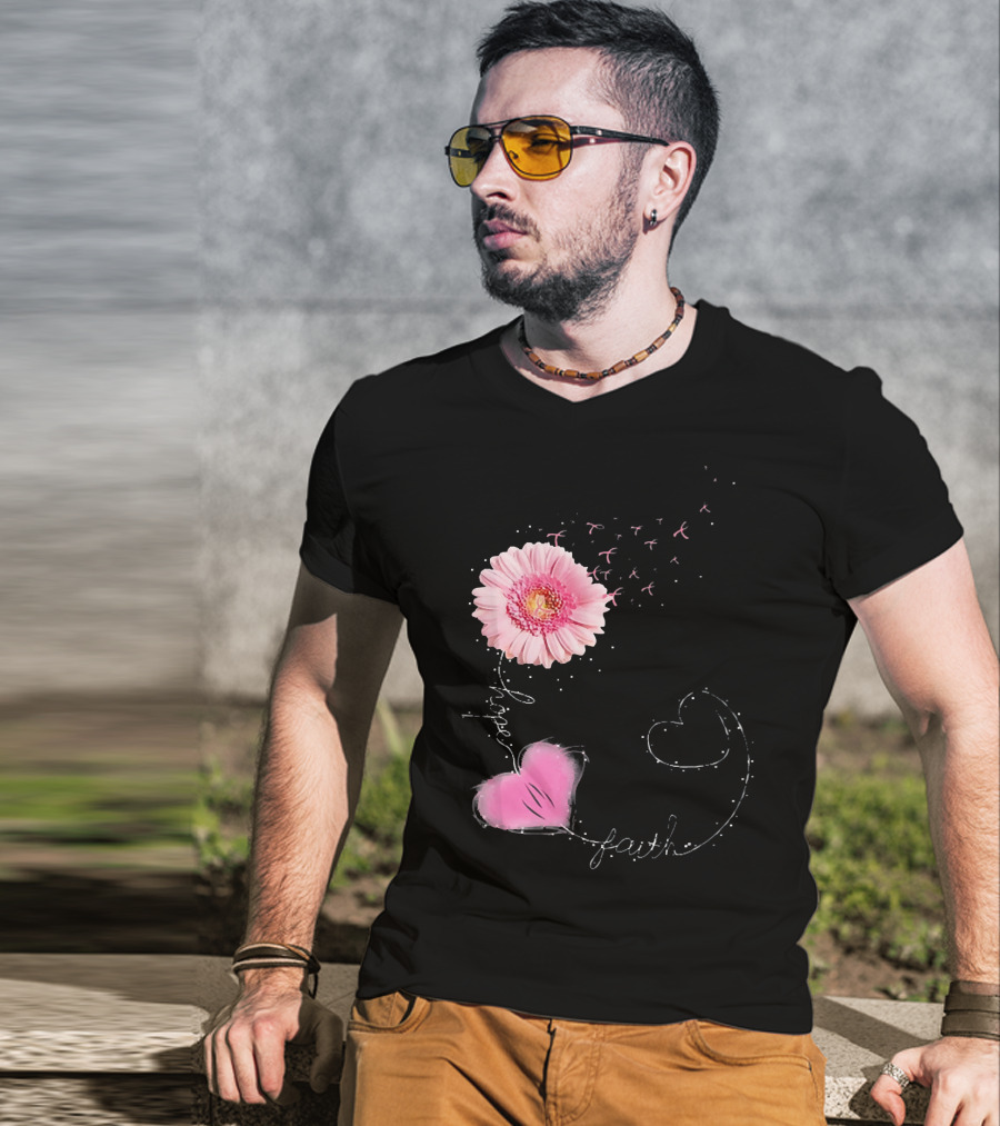 Hope Faith Pink Flower Hearts Breast Cancer Awareness T-Shirt