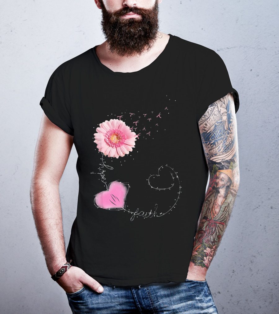 Hope Faith Pink Flower Hearts Breast Cancer Awareness T-Shirt