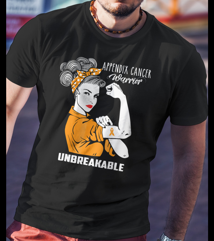 Appendix Cancer Warrior Unbreakable Awareness Ribbon Rosie The Riveter T-Shirt