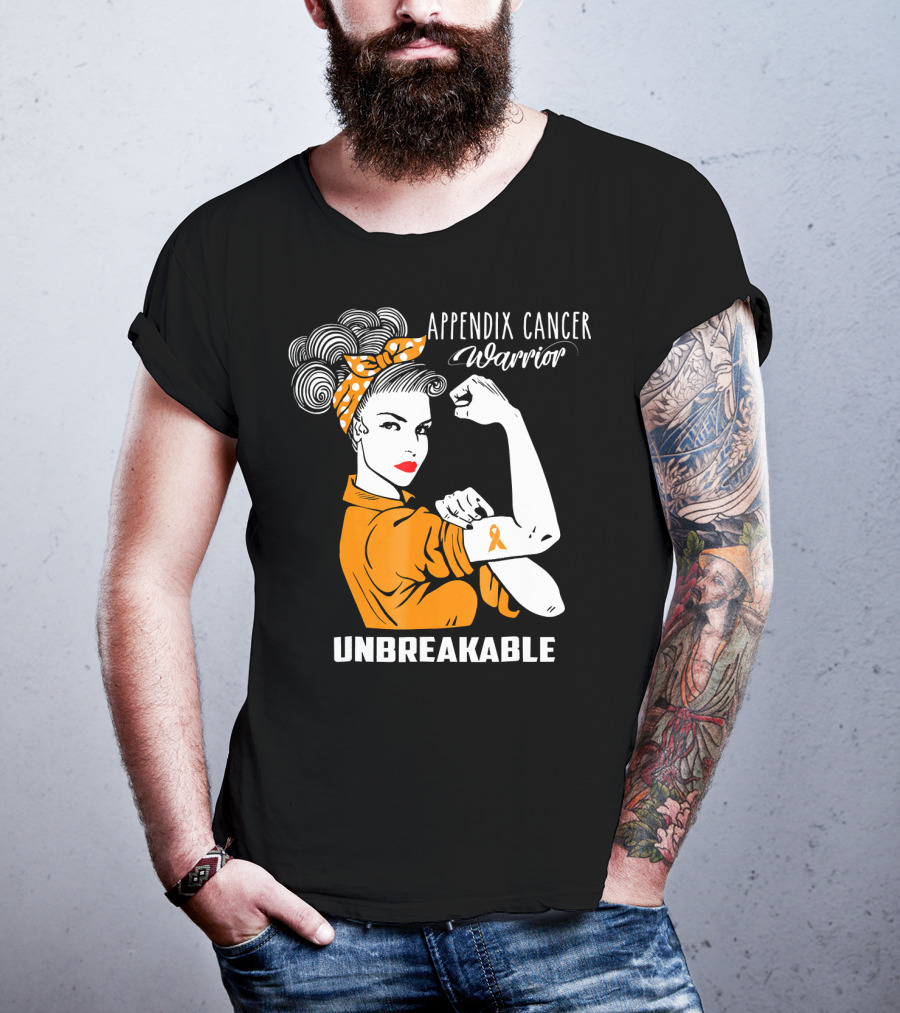 Appendix Cancer Warrior Unbreakable Awareness Ribbon Rosie The Riveter T-Shirt