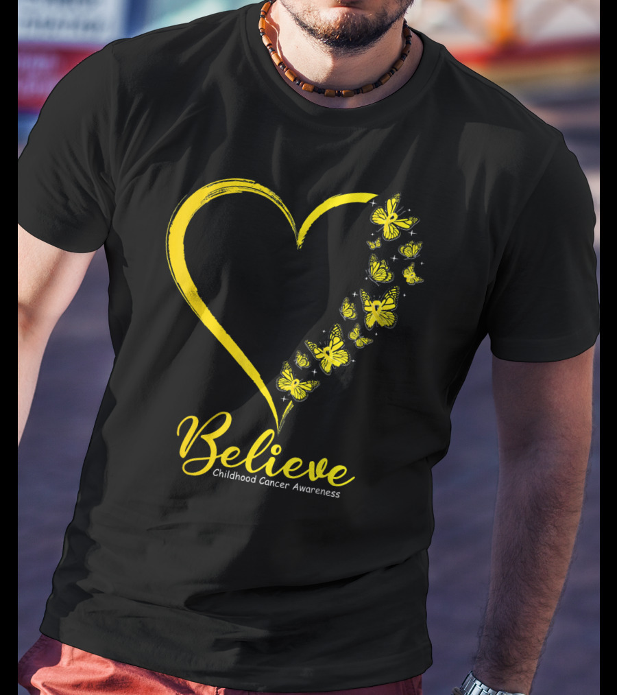 Believe Butterfly Heart Childhood Cancer Awareness T-Shirt