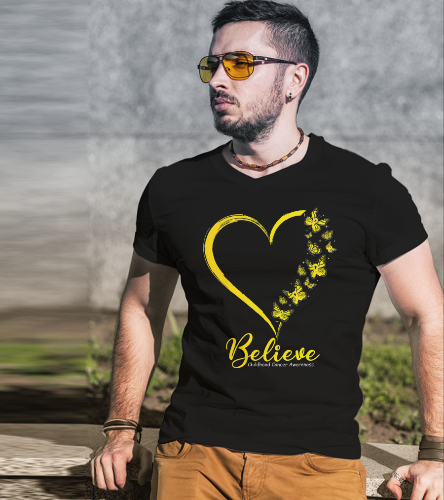 Believe Butterfly Heart Childhood Cancer Awareness T-Shirt