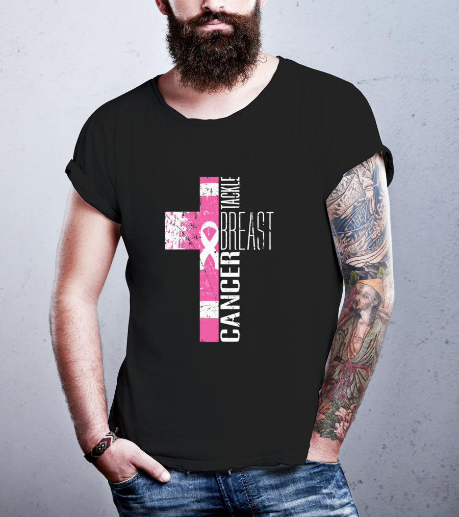 Tackle Breast Cancer Pink Ribbon Cross T-Shirt