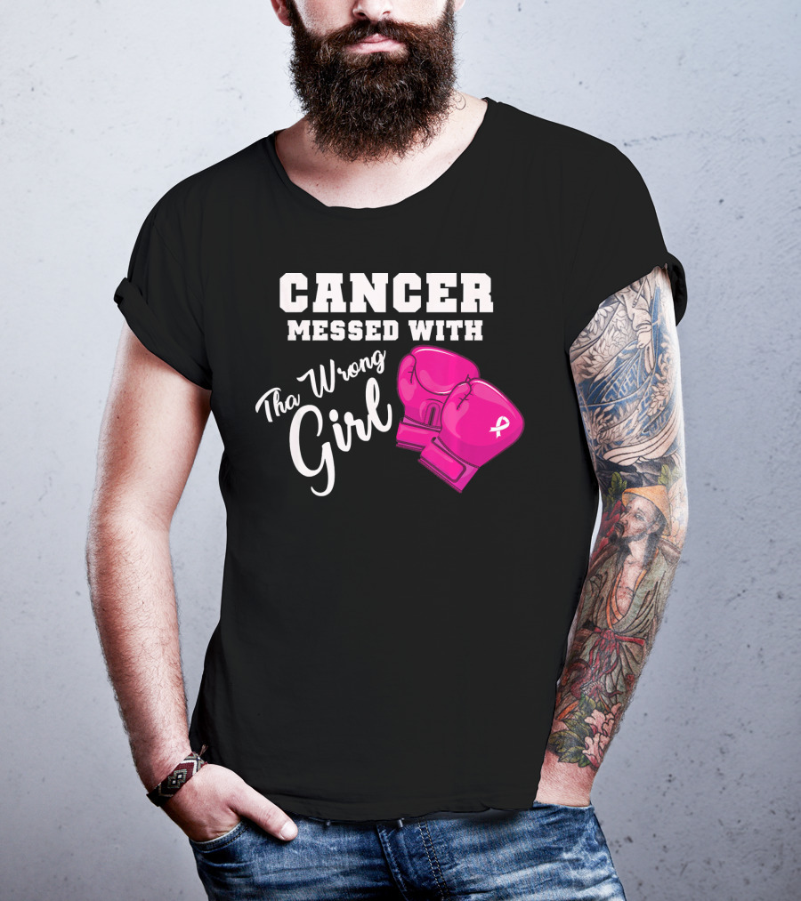 Cancer Messed With The Wrong Girl Boxing Gloves Breast Cancer Awareness T-Shirt