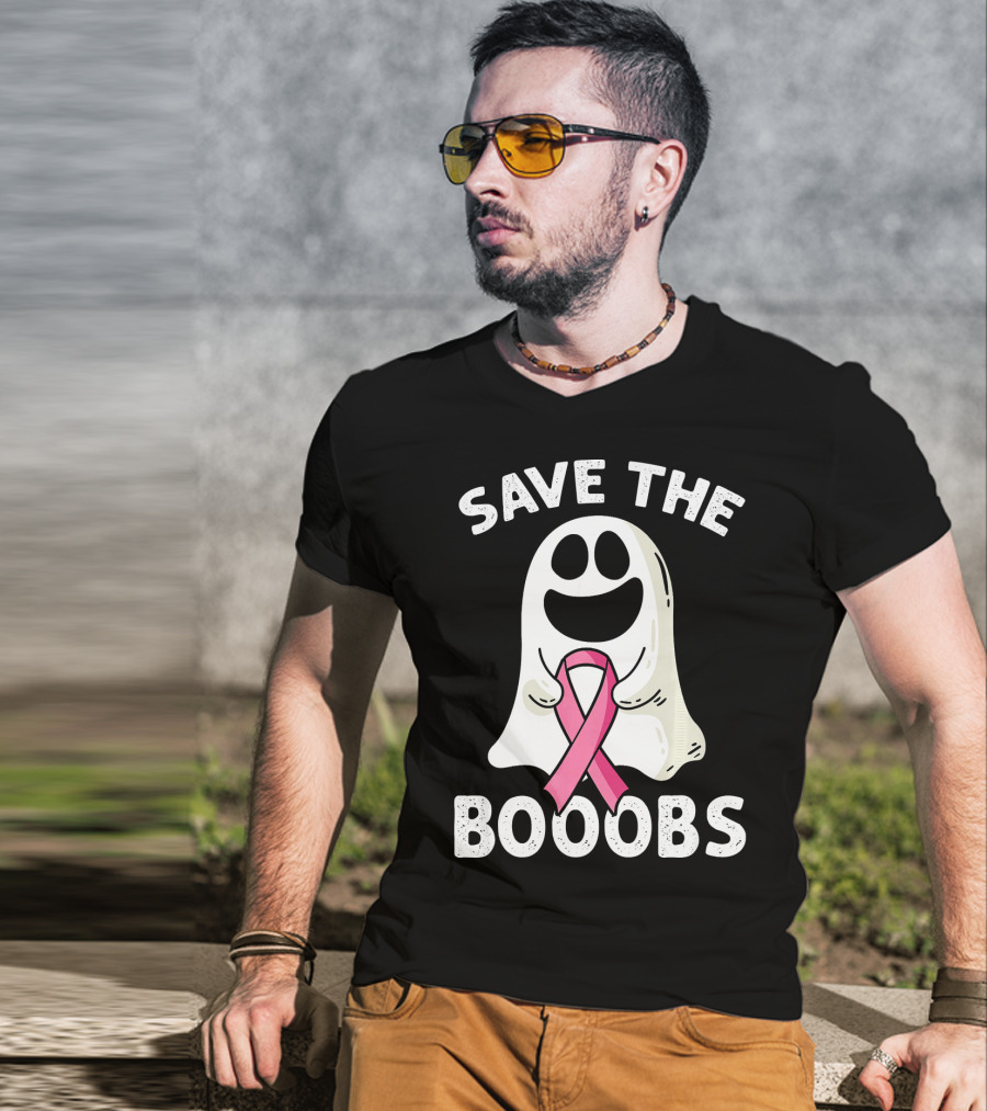 Save The Boooobs Funny Ghost Pink Ribbon Breast Cancer Awareness T-Shirt