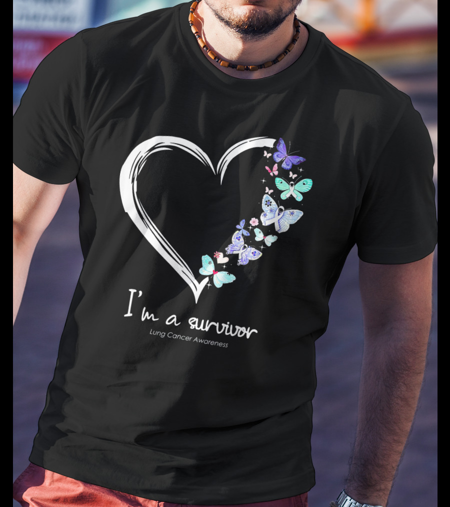 I'm A Survivor Lung Cancer Awareness Heart With Butterflies T-Shirt