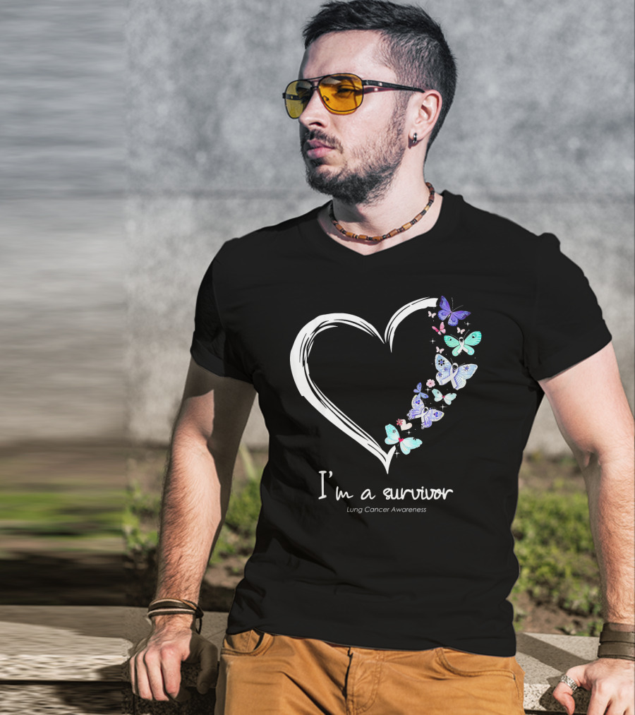 I'm A Survivor Lung Cancer Awareness Heart With Butterflies T-Shirt