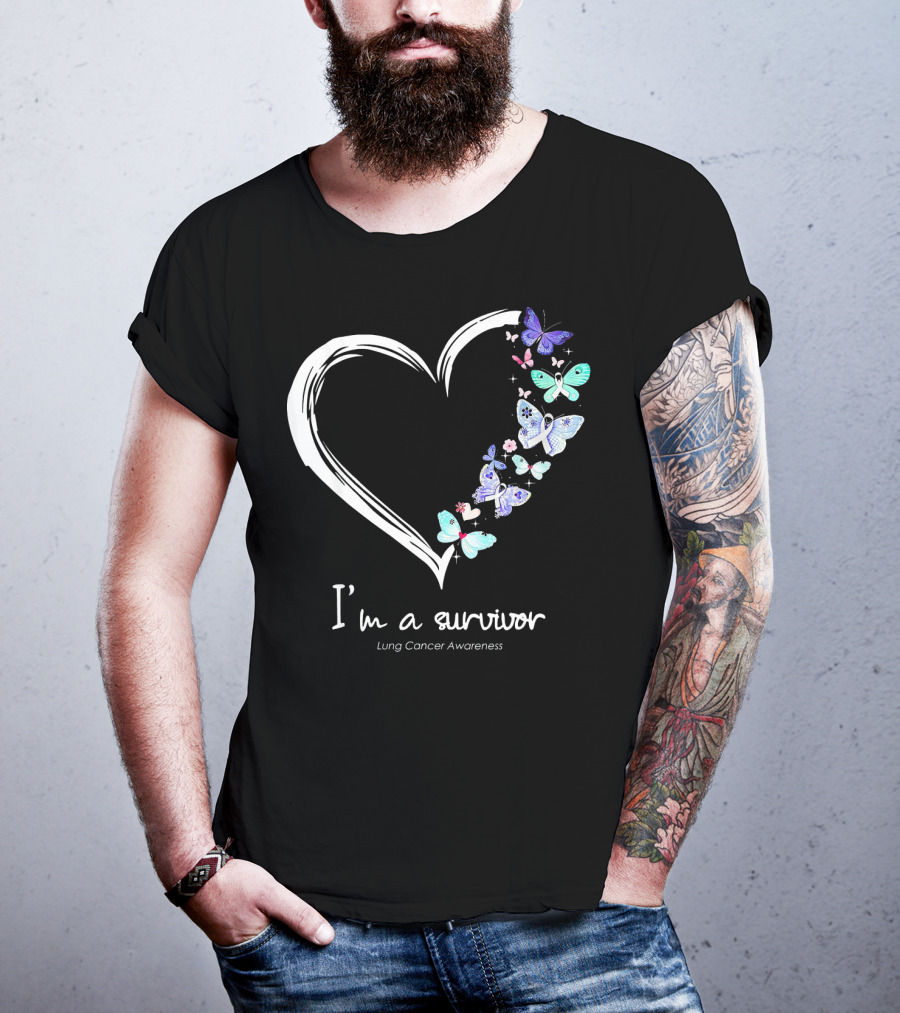 I'm A Survivor Lung Cancer Awareness Heart With Butterflies T-Shirt