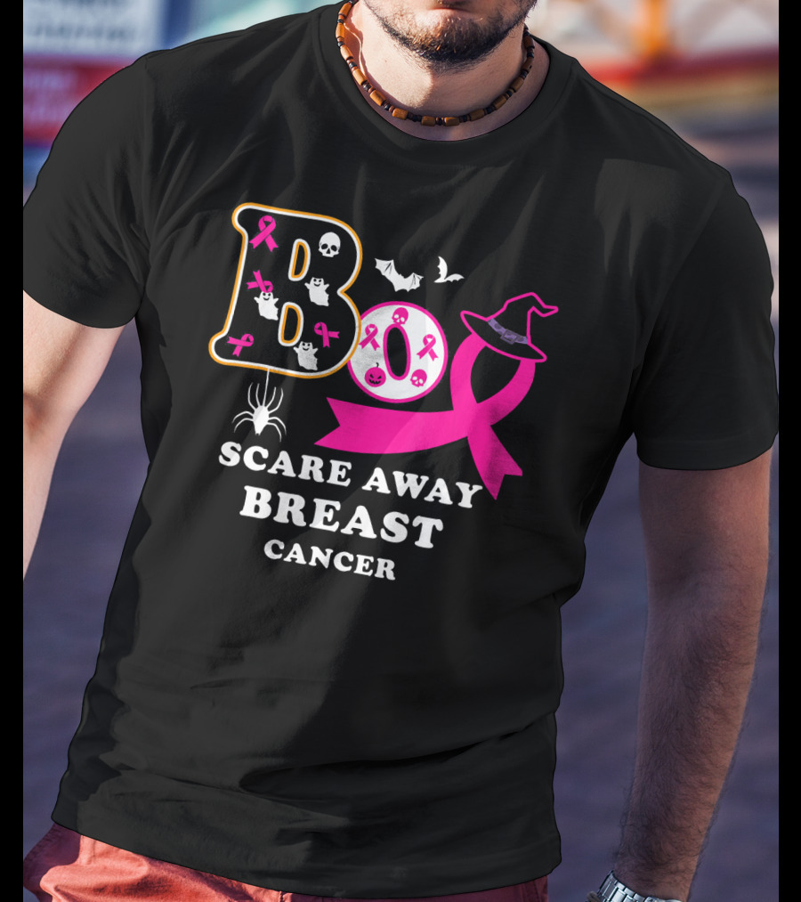 Halloween Boo With Pink Ribbon Scare Away Breast Cancer T-Shirt