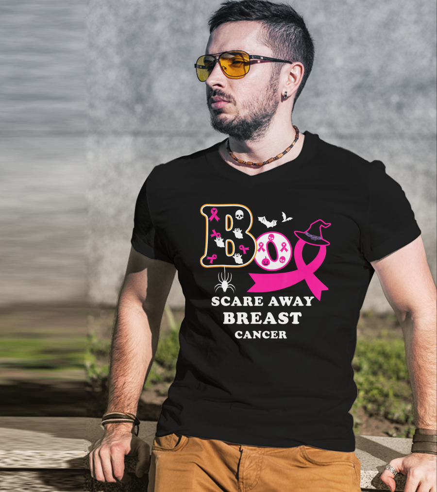 Halloween Boo With Pink Ribbon Scare Away Breast Cancer T-Shirt