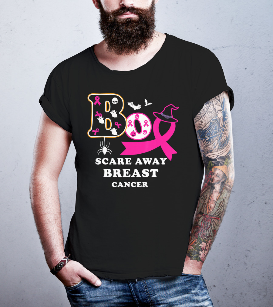 Halloween Boo With Pink Ribbon Scare Away Breast Cancer T-Shirt