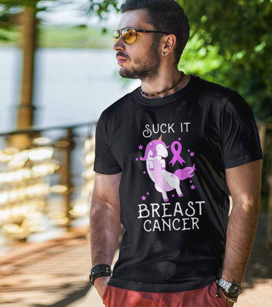 Suck It Breast Cancer Unicorn Awareness Ribbon Stars T-Shirt