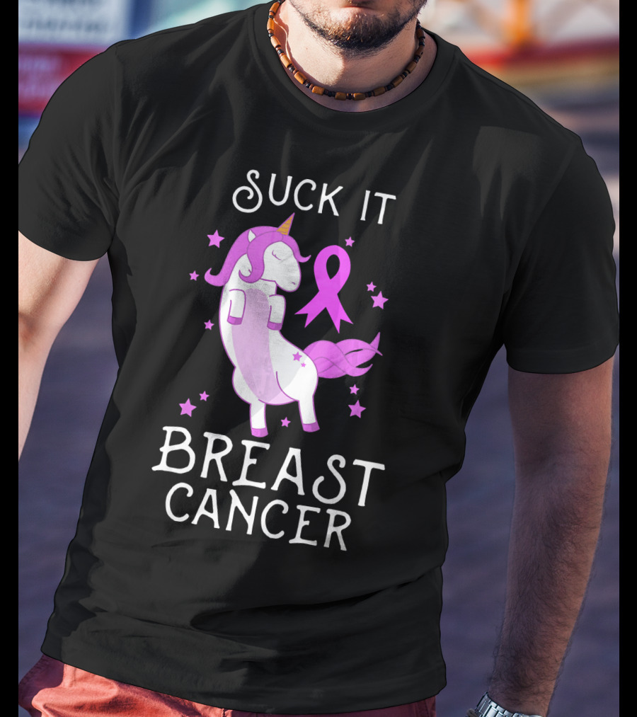 Suck It Breast Cancer Unicorn Awareness Ribbon Stars T-Shirt