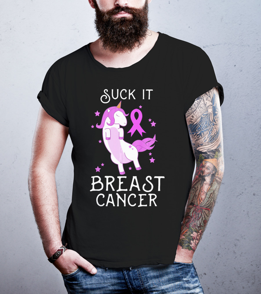 Suck It Breast Cancer Unicorn Awareness Ribbon Stars T-Shirt
