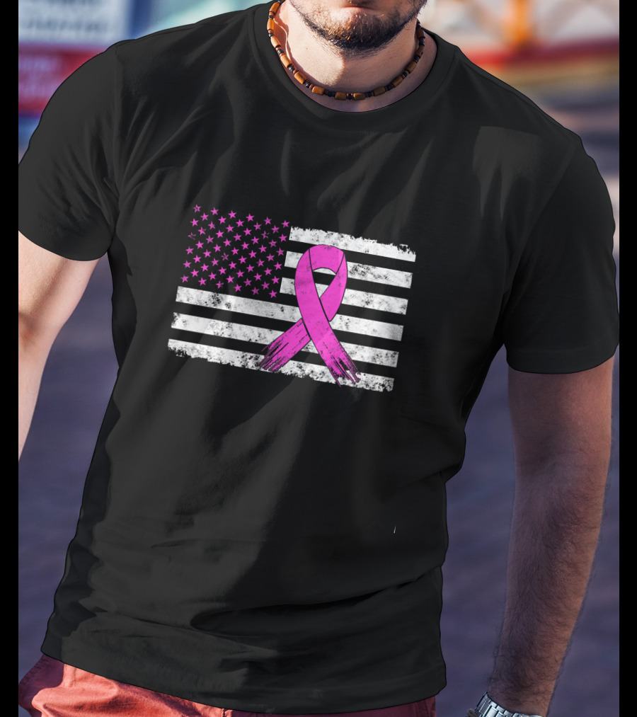 Distressed Pink Ribbon Breast Cancer Awareness American Flag T-Shirt