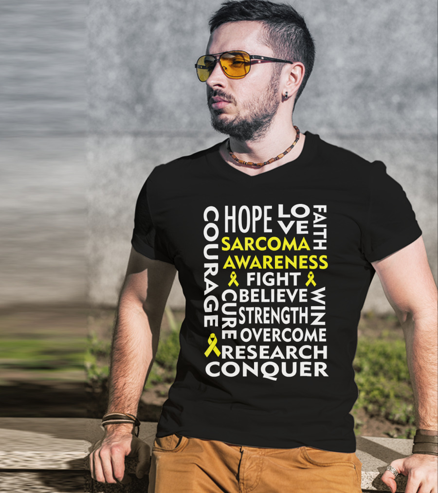 Sarcoma Awareness Yellow Ribbon Hope Courage Fight Conquer T-Shirt