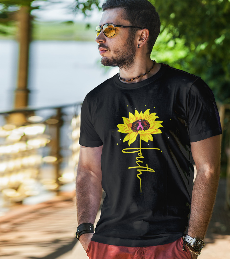 Faith Sunflower Pink Ribbon Breast Cancer Awareness T-Shirt