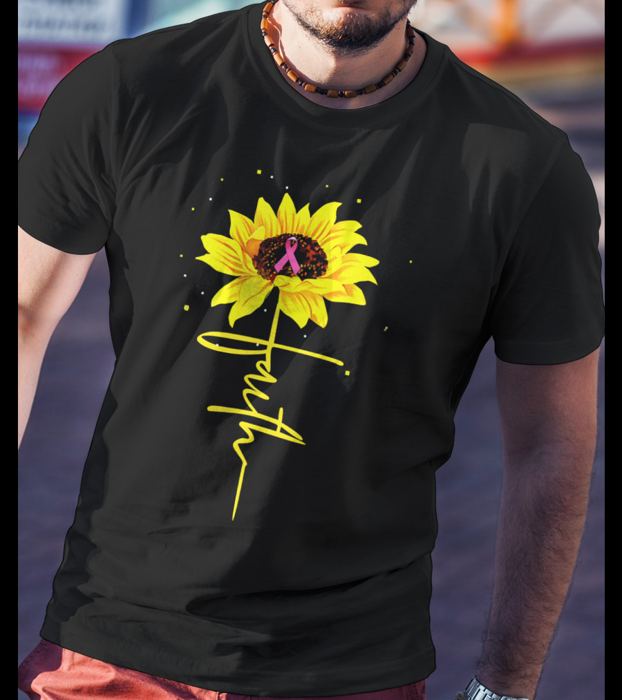 Faith Sunflower Pink Ribbon Breast Cancer Awareness T-Shirt