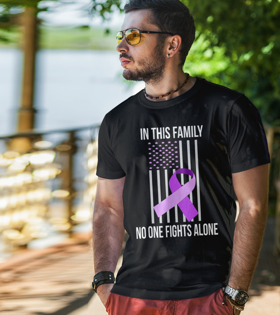 In This Family No One Fights Alone USA Flag Purple Ribbon Pancreatic Cancer T-Shirt
