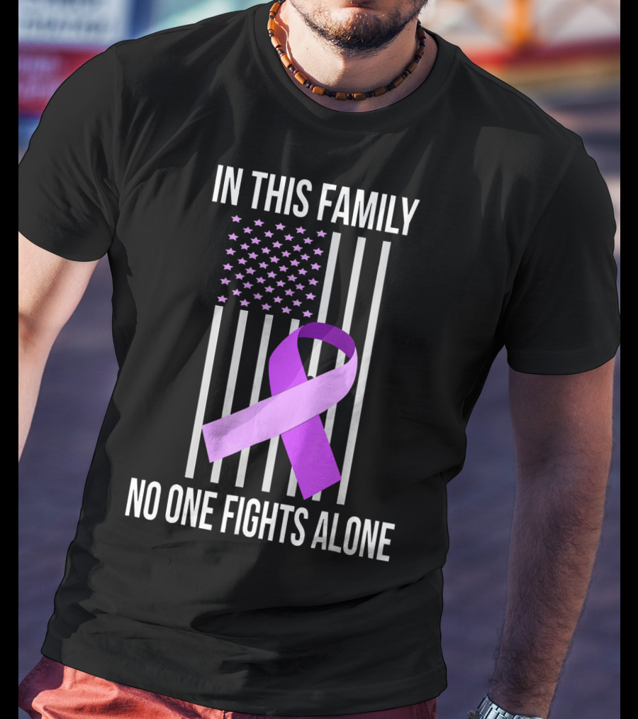 In This Family No One Fights Alone USA Flag Purple Ribbon Pancreatic Cancer T-Shirt