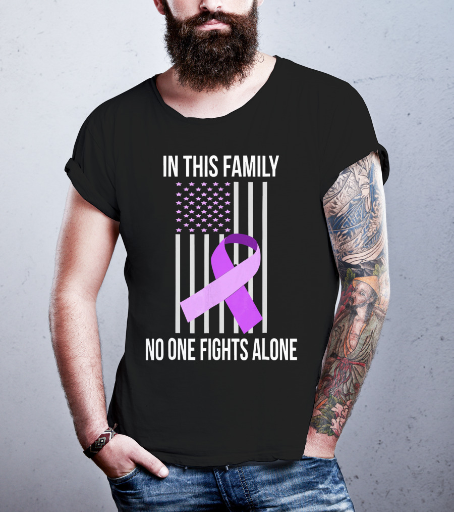 In This Family No One Fights Alone USA Flag Purple Ribbon Pancreatic Cancer T-Shirt