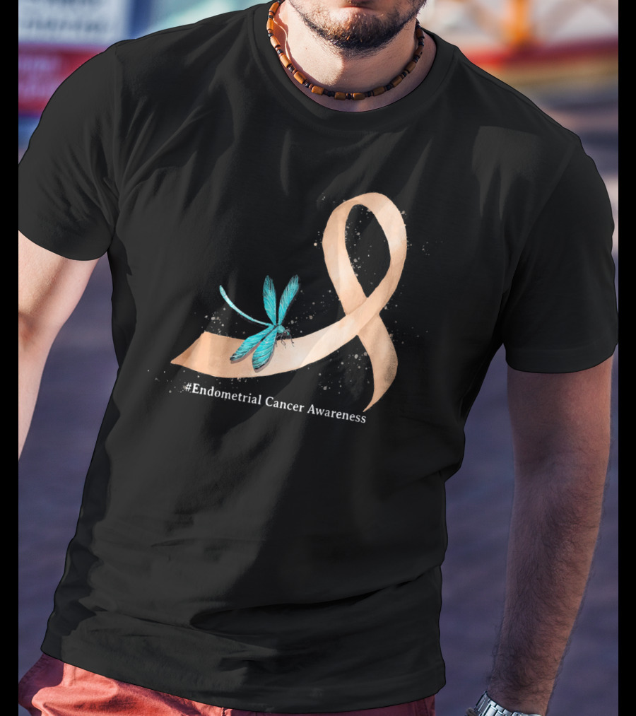 Hippie Dragonfly Peach Ribbon #Endometrial Cancer Awareness T-Shirt