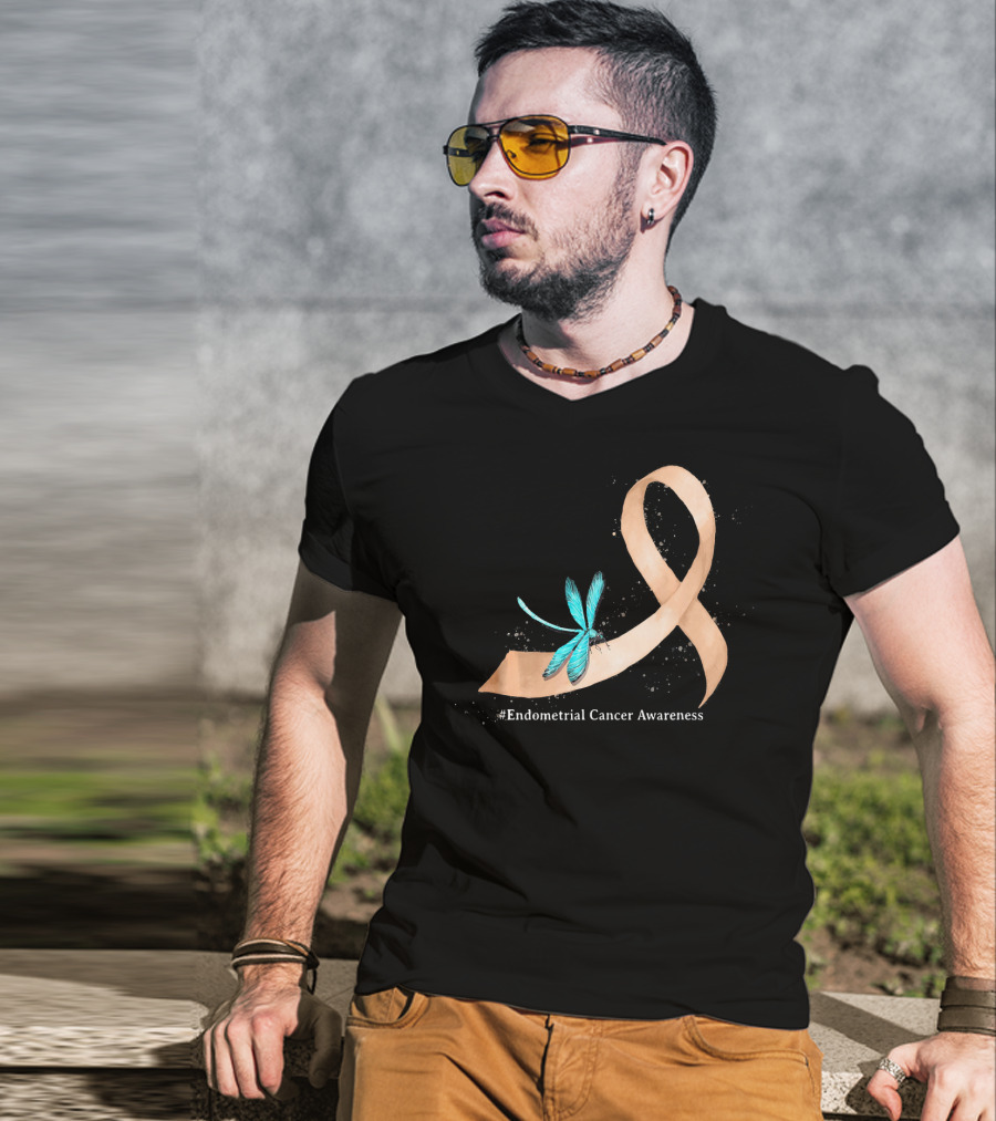 Hippie Dragonfly Peach Ribbon #Endometrial Cancer Awareness T-Shirt