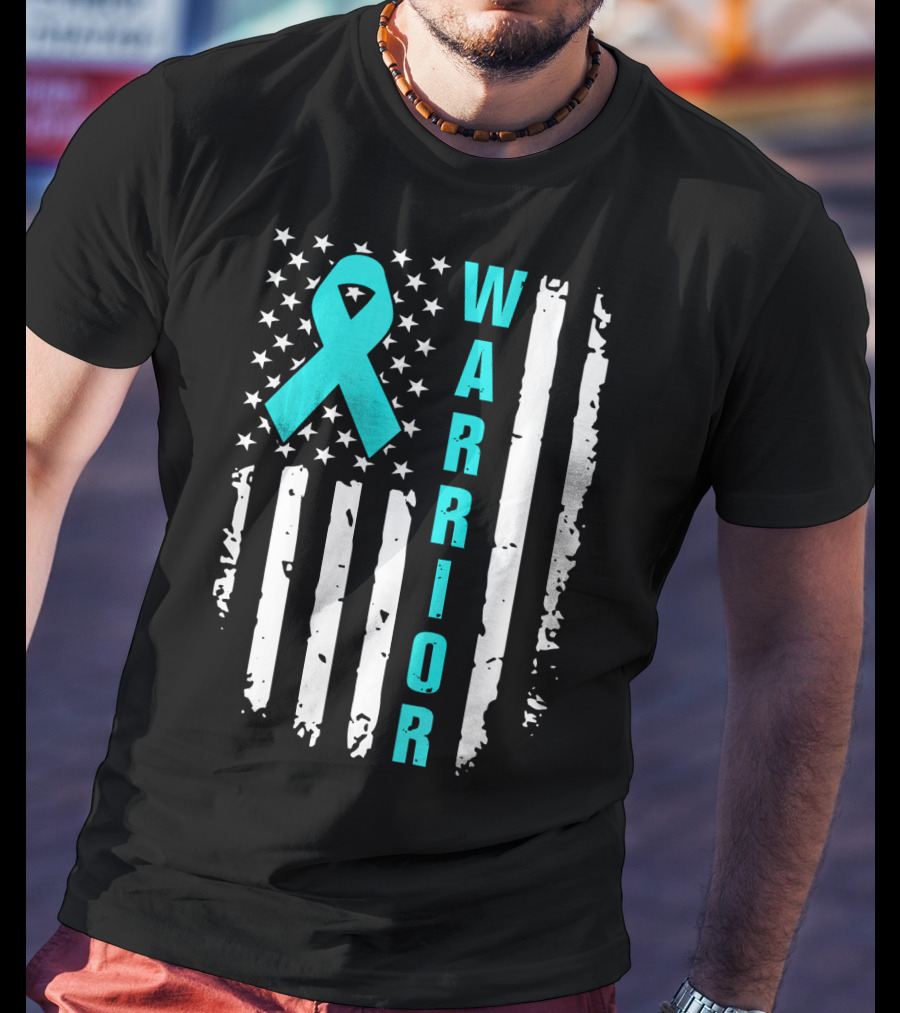 Warrior Teal Ribbon American Flag Ovarian Cancer T-Shirt