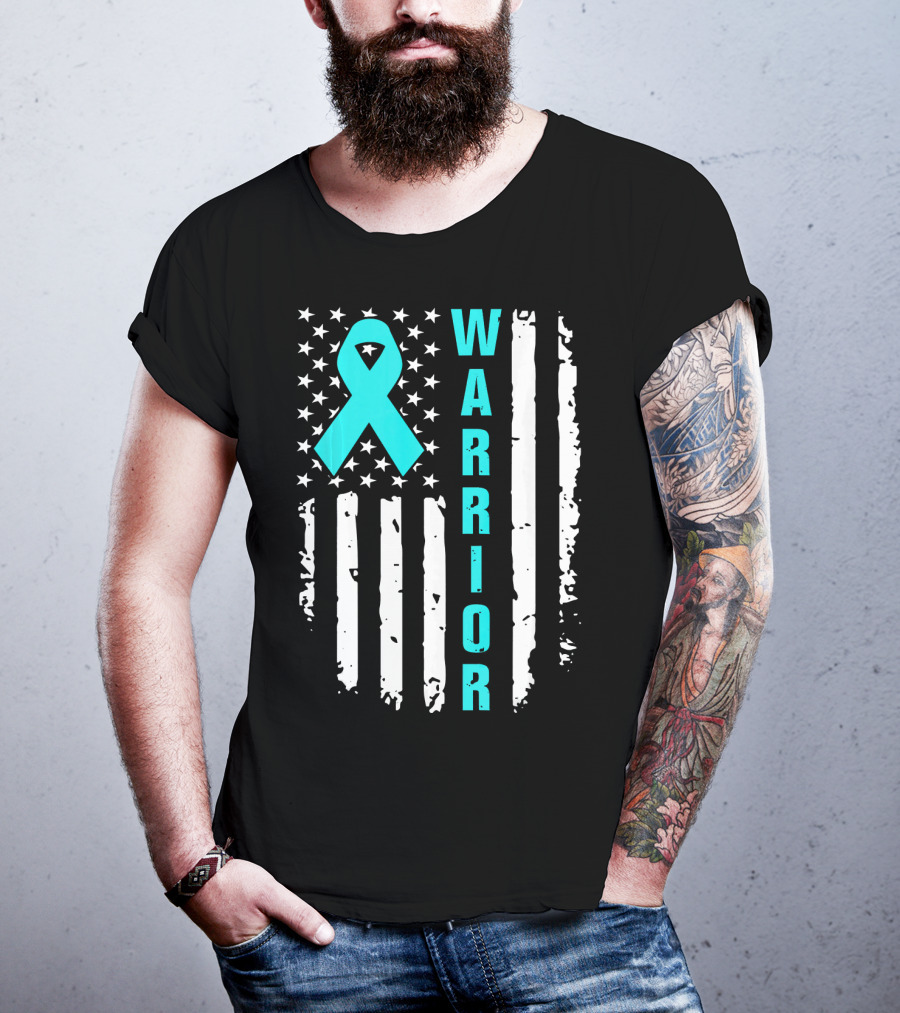 Warrior Teal Ribbon American Flag Ovarian Cancer T-Shirt